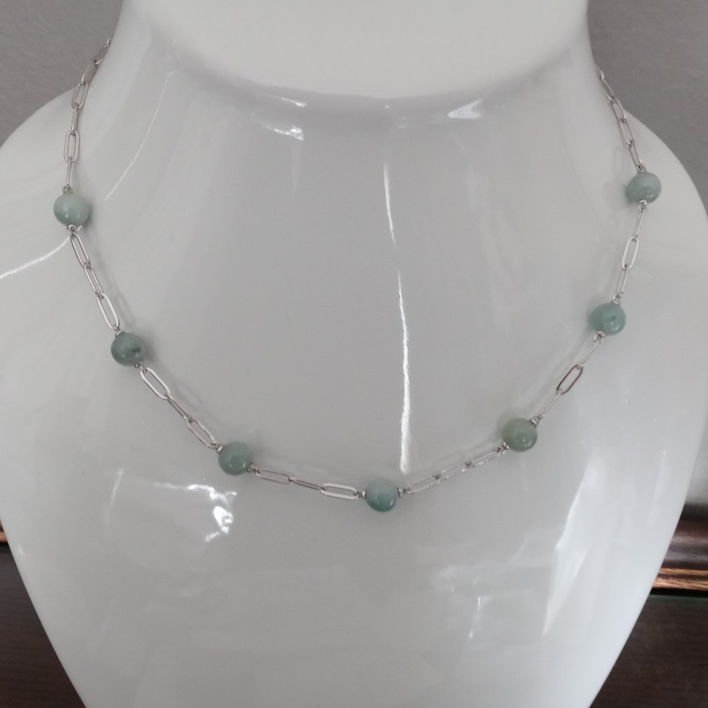 925 Sterling Silver Link Jade Bead Station Necklace 18 20